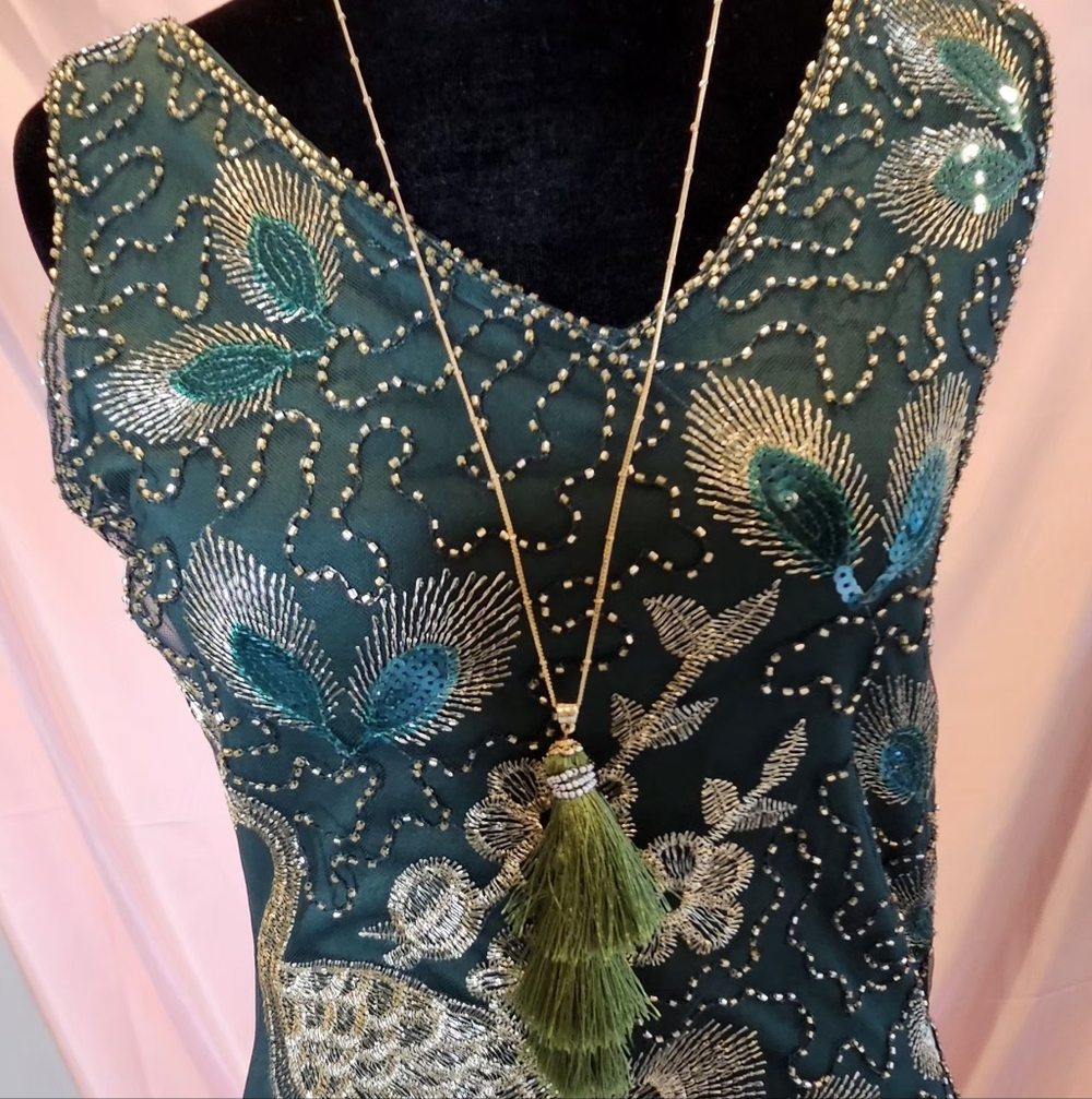Statement Green Tassel Pendant Long Gold Chain Necklace